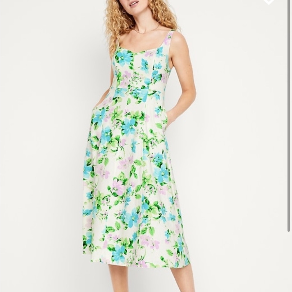Floral Sleeveless Dress - White, Green, Blue L